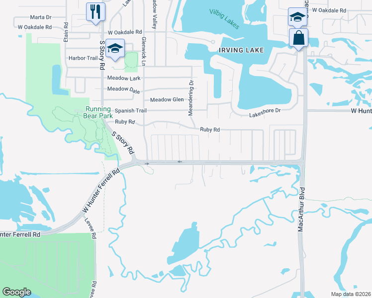 map of restaurants, bars, coffee shops, grocery stores, and more near 2728 Chaparral Street in Irving