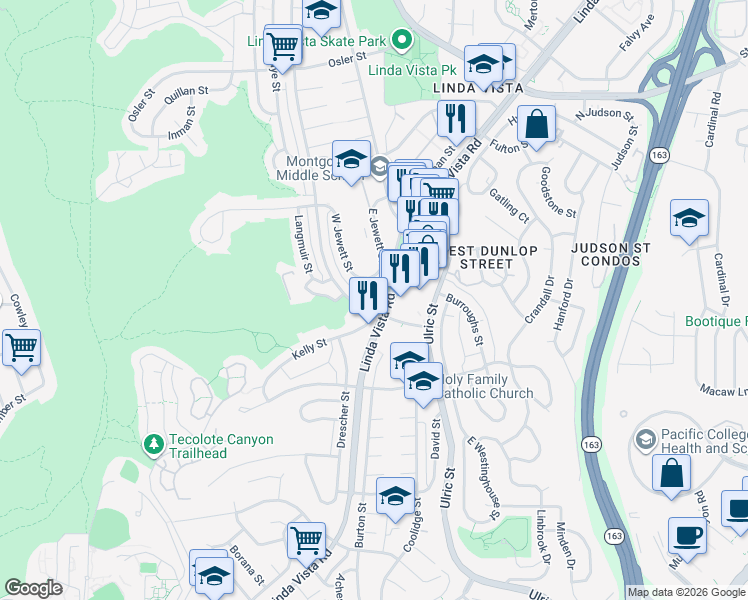 map of restaurants, bars, coffee shops, grocery stores, and more near 2201 Comstock Street in San Diego