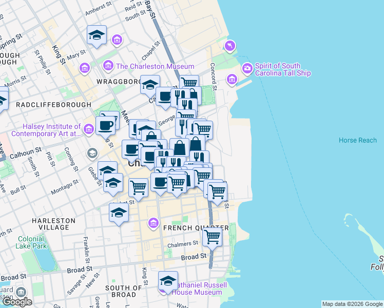 map of restaurants, bars, coffee shops, grocery stores, and more near 287 East Bay Street in Charleston