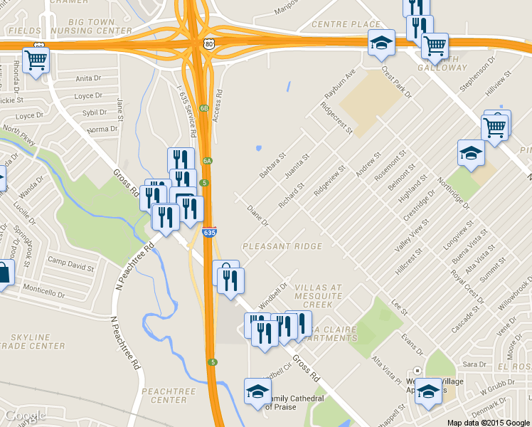 map of restaurants, bars, coffee shops, grocery stores, and more near 1205 Richard Street in Mesquite