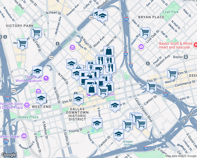map of restaurants, bars, coffee shops, grocery stores, and more near 405 North Harwood Street in Dallas
