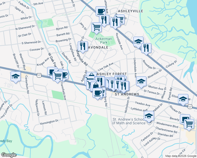 map of restaurants, bars, coffee shops, grocery stores, and more near 3 Wedgepark Road in Charleston