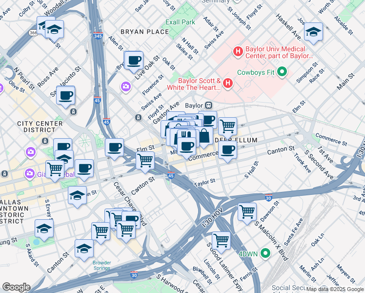 map of restaurants, bars, coffee shops, grocery stores, and more near 2649 Main Street in Dallas