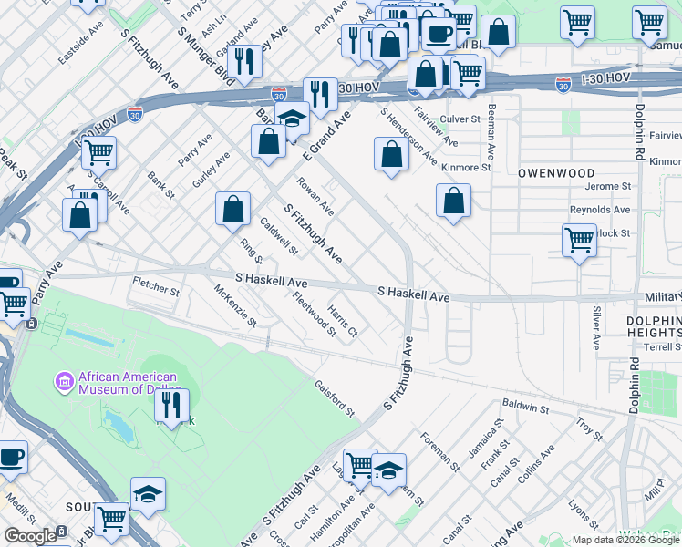 map of restaurants, bars, coffee shops, grocery stores, and more near 1443 South Fitzhugh Avenue in Dallas