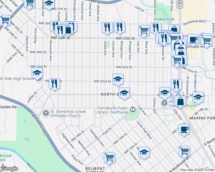 map of restaurants, bars, coffee shops, grocery stores, and more near 2115 Gould Avenue in Fort Worth