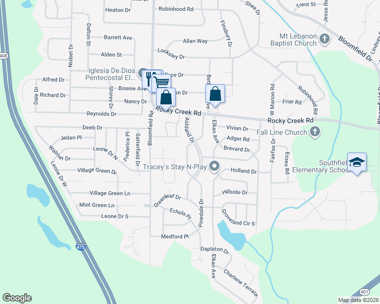 map of restaurants, bars, coffee shops, grocery stores, and more near 4328 Pinedale Drive in Macon