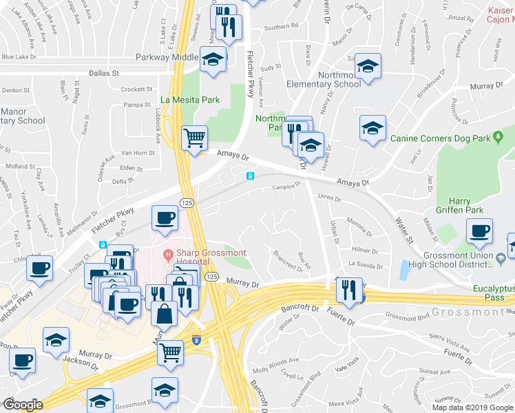 map of restaurants, bars, coffee shops, grocery stores, and more near 9100 Brier Road in La Mesa
