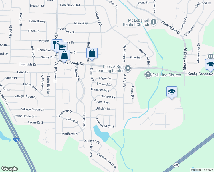 map of restaurants, bars, coffee shops, grocery stores, and more near 2434 Brevard Drive in Macon
