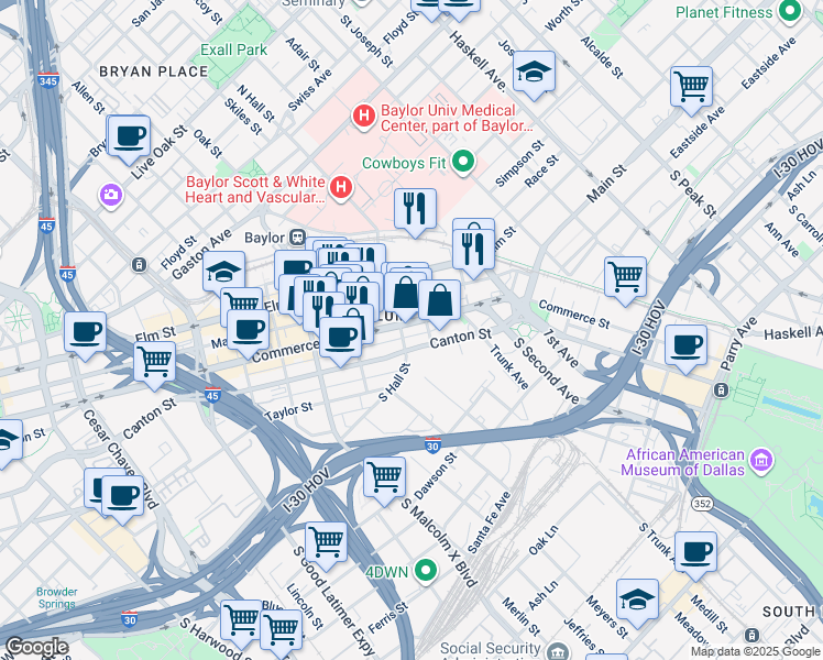 map of restaurants, bars, coffee shops, grocery stores, and more near 3106 Commerce Street in Dallas