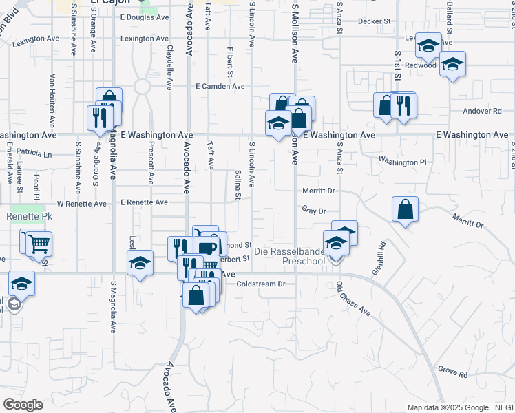 map of restaurants, bars, coffee shops, grocery stores, and more near 901 South Lincoln Avenue in El Cajon