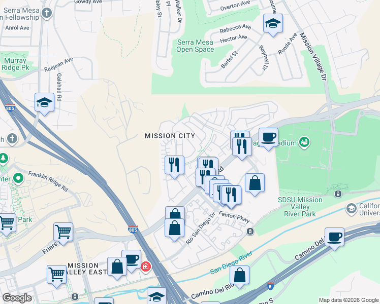 map of restaurants, bars, coffee shops, grocery stores, and more near 2735 Piantino Circle in San Diego