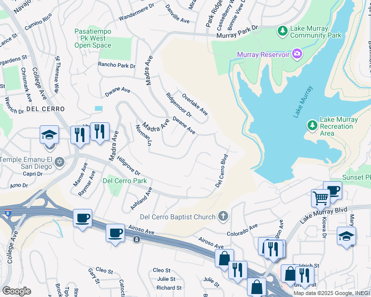 map of restaurants, bars, coffee shops, grocery stores, and more near 6646 Norman Lane in San Diego