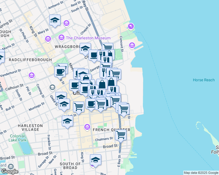 map of restaurants, bars, coffee shops, grocery stores, and more near 287 East Bay Street in Charleston