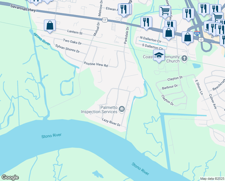 map of restaurants, bars, coffee shops, grocery stores, and more near 2320 Park Stone Drive in Charleston
