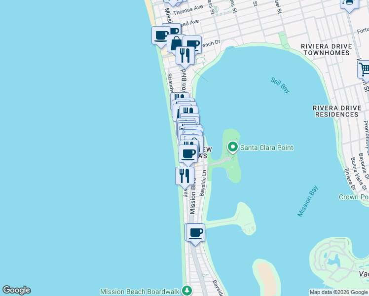 map of restaurants, bars, coffee shops, grocery stores, and more near in San Diego