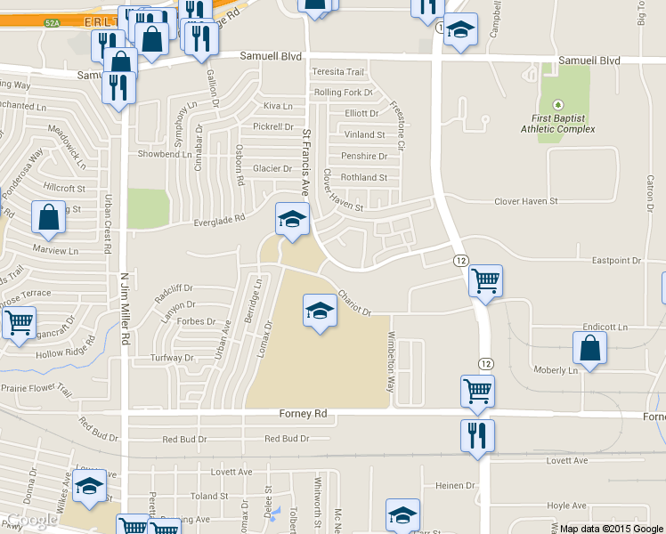 map of restaurants, bars, coffee shops, grocery stores, and more near 4567 Saint Francis Avenue in Dallas