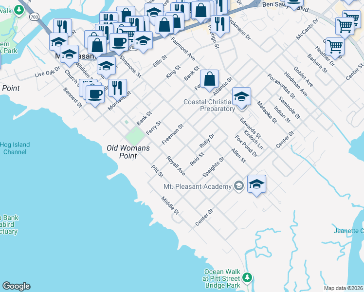 map of restaurants, bars, coffee shops, grocery stores, and more near 424 McCants Drive in Mount Pleasant