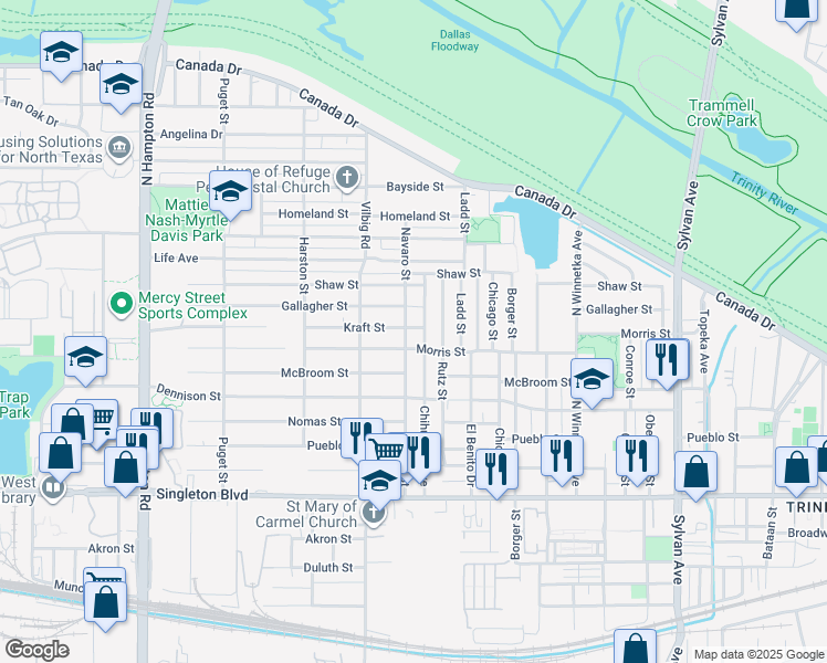 map of restaurants, bars, coffee shops, grocery stores, and more near 3414 Navaro Street in Dallas