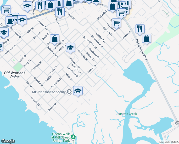 map of restaurants, bars, coffee shops, grocery stores, and more near 707 Center Street in Mount Pleasant