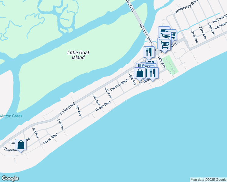 map of restaurants, bars, coffee shops, grocery stores, and more near 808 Carolina Boulevard in Isle of Palms
