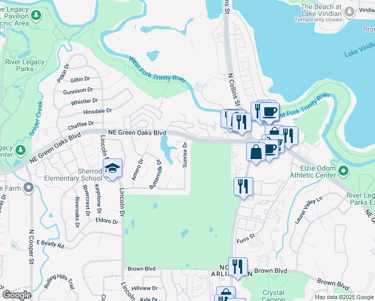 map of restaurants, bars, coffee shops, grocery stores, and more near 2725 Sunrise Drive in Arlington