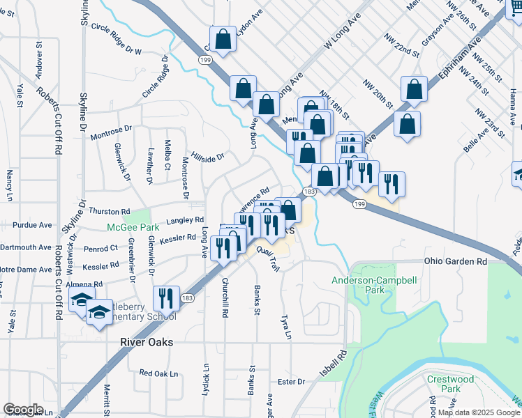 map of restaurants, bars, coffee shops, grocery stores, and more near 4416 Almena Road in River Oaks