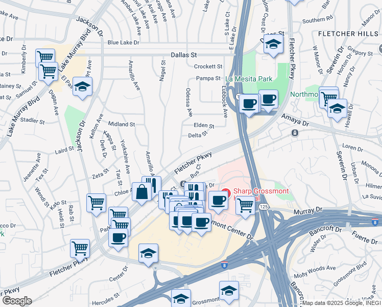 map of restaurants, bars, coffee shops, grocery stores, and more near 8715 Mellmanor Drive in La Mesa