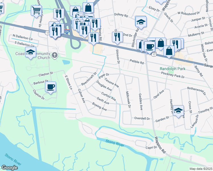 map of restaurants, bars, coffee shops, grocery stores, and more near 352 Douglas Avenue in Charleston