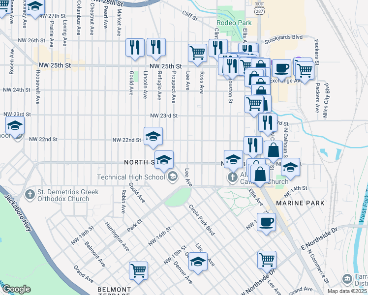 map of restaurants, bars, coffee shops, grocery stores, and more near 2113 Lee Avenue in Fort Worth