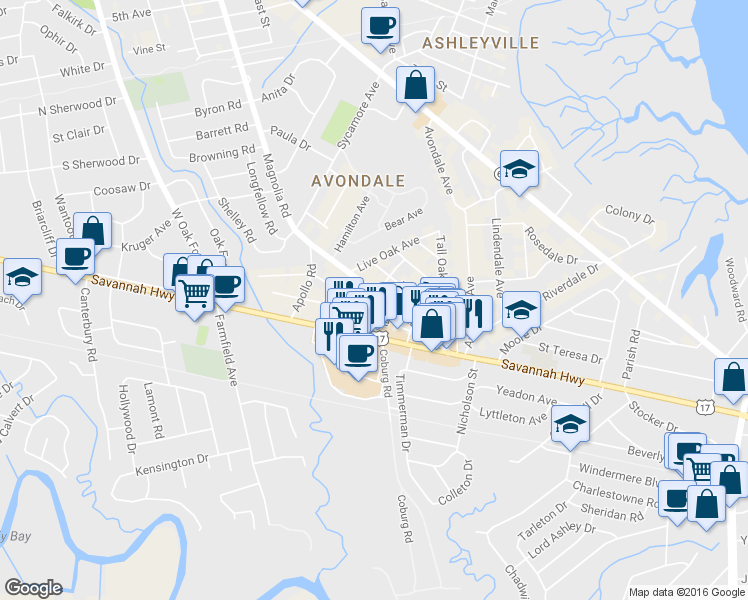 map of restaurants, bars, coffee shops, grocery stores, and more near 226 Magnolia Road in Charleston
