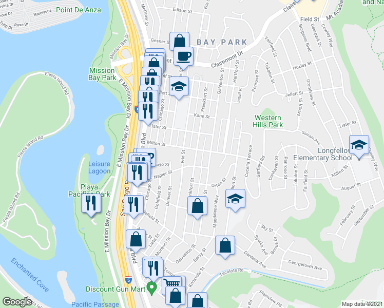 map of restaurants, bars, coffee shops, grocery stores, and more near 2144 Frankfort Street in San Diego