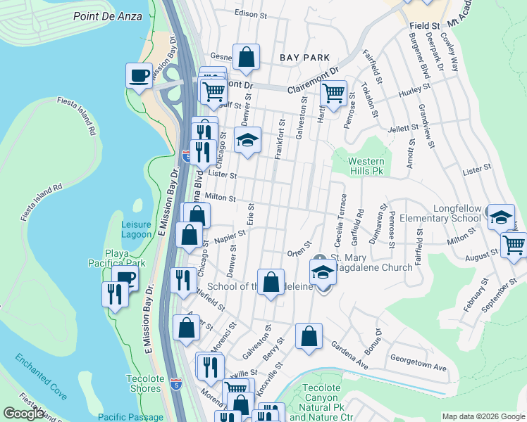 map of restaurants, bars, coffee shops, grocery stores, and more near 2144 Frankfort Street in San Diego