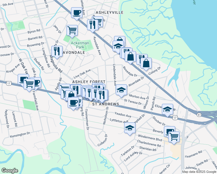 map of restaurants, bars, coffee shops, grocery stores, and more near 16 Avondale Avenue in Charleston