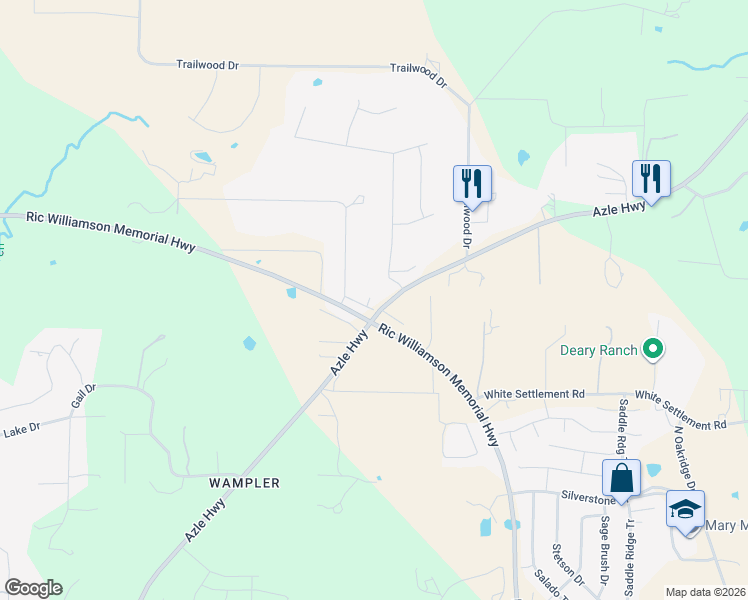 map of restaurants, bars, coffee shops, grocery stores, and more near 1624 Hill Top Circle in Weatherford