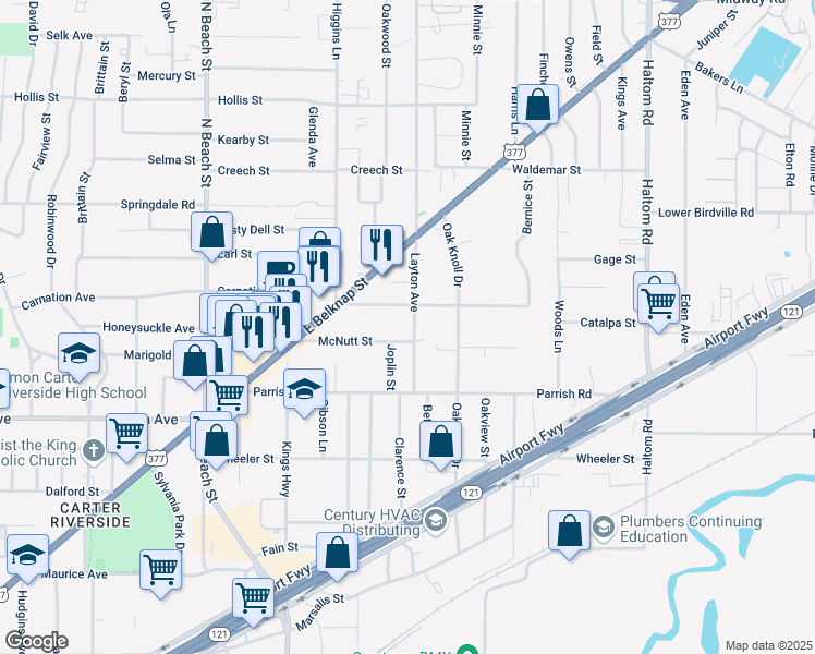 map of restaurants, bars, coffee shops, grocery stores, and more near 1507 Layton Avenue in Haltom City