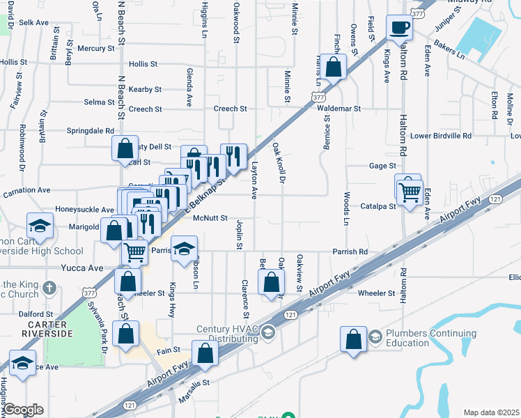 map of restaurants, bars, coffee shops, grocery stores, and more near 1507 Layton Avenue in Fort Worth