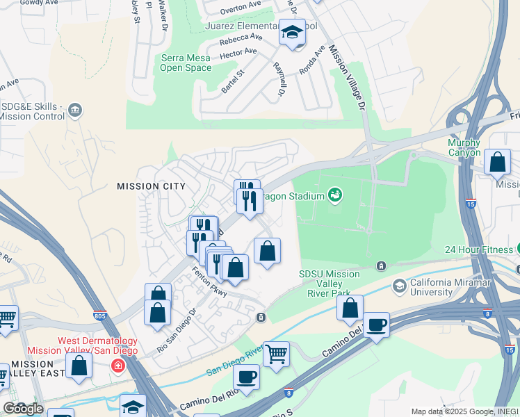 map of restaurants, bars, coffee shops, grocery stores, and more near 2375 Northside Drive in San Diego