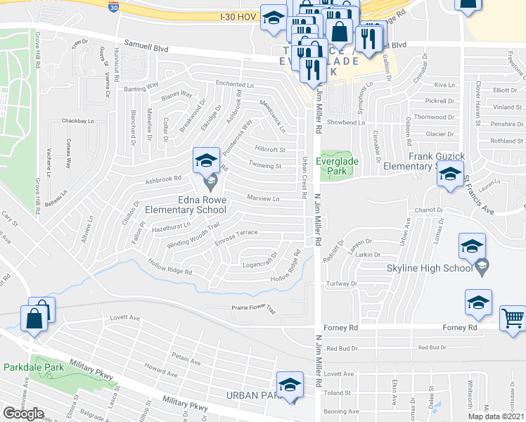 map of restaurants, bars, coffee shops, grocery stores, and more near 5823 Winding Woods Trail in Dallas