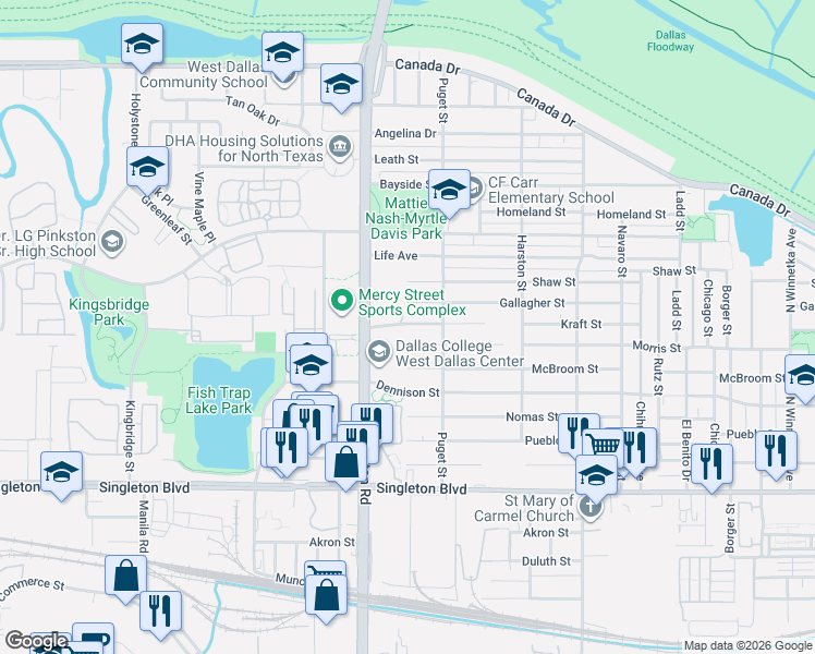 map of restaurants, bars, coffee shops, grocery stores, and more near 2032 Kraft Street in Dallas