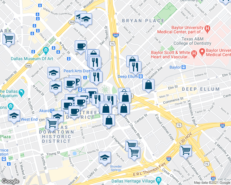 map of restaurants, bars, coffee shops, grocery stores, and more near 2211 Pacific Avenue in Dallas