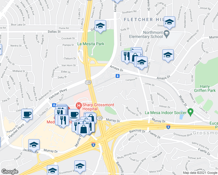 map of restaurants, bars, coffee shops, grocery stores, and more near 9055 Campina Drive in La Mesa