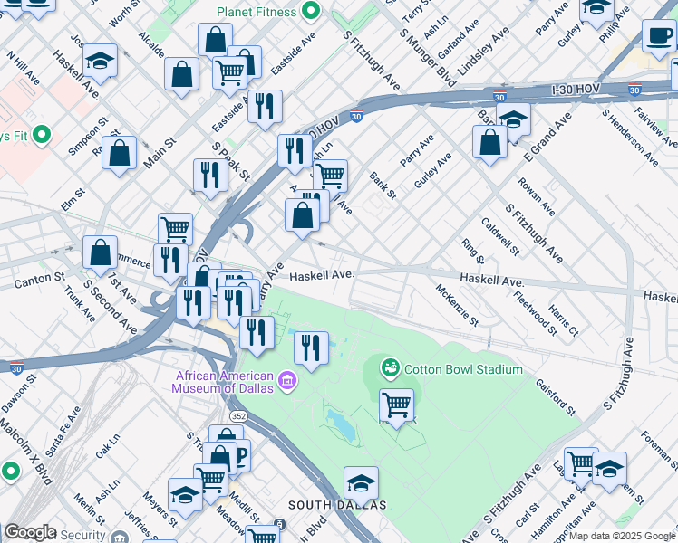 map of restaurants, bars, coffee shops, grocery stores, and more near 1024 South Haskell Avenue in Dallas