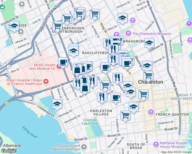 map of restaurants, bars, coffee shops, grocery stores, and more near 57 Pitt Street in Charleston