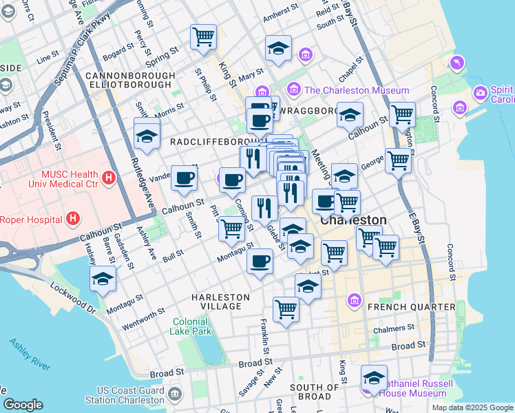 map of restaurants, bars, coffee shops, grocery stores, and more near Ivy Green Way in Charleston