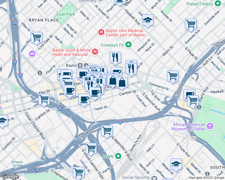 map of restaurants, bars, coffee shops, grocery stores, and more near 3124 Commerce Street in Dallas