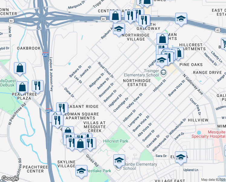 map of restaurants, bars, coffee shops, grocery stores, and more near 1409 Belmont Street in Mesquite