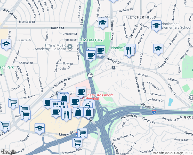map of restaurants, bars, coffee shops, grocery stores, and more near 9000 Campina Drive in La Mesa