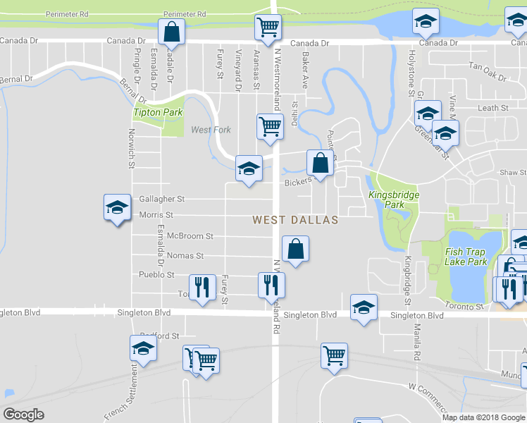 map of restaurants, bars, coffee shops, grocery stores, and more near 3317 Morris Street in Dallas