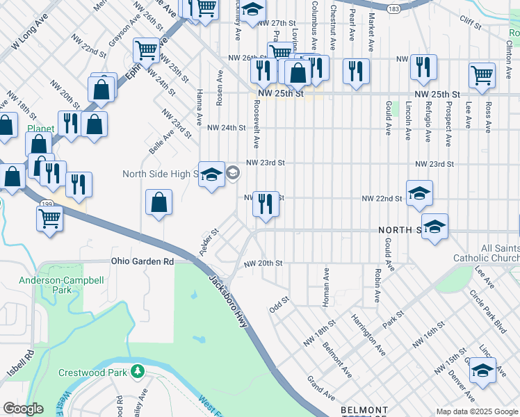 map of restaurants, bars, coffee shops, grocery stores, and more near 2114 Roosevelt Avenue in Fort Worth
