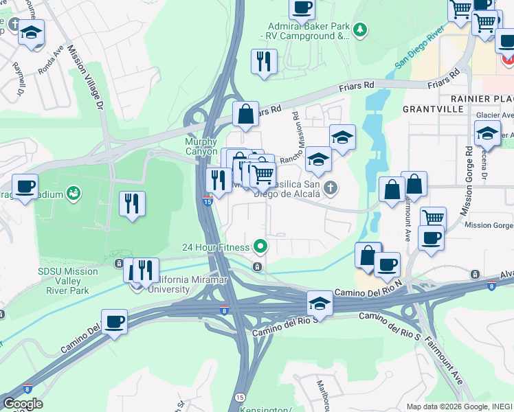 map of restaurants, bars, coffee shops, grocery stores, and more near 6018 Rancho Mission Road in San Diego